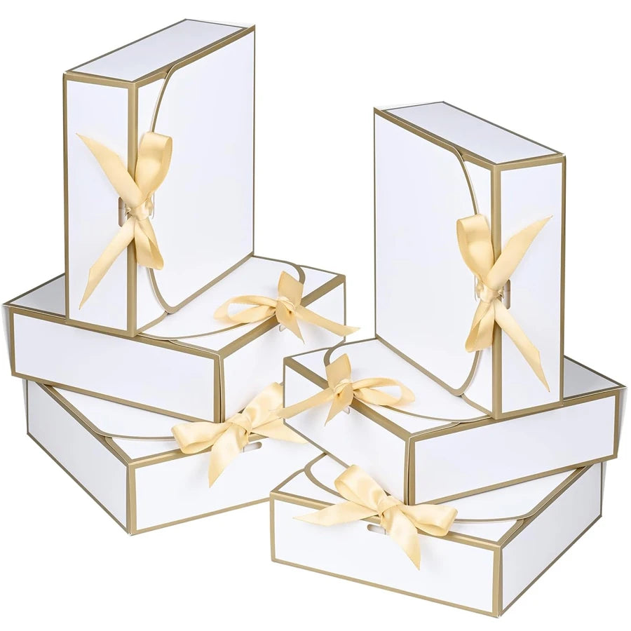 20-Pack White Gift Boxes with Lids – Gold Trim & Ribbon 6.5" Gift Box Set QXL