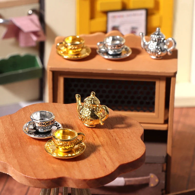 1:12 Dollhouse Miniature Metal Tea Set – Teapot Cup & Saucer Dollhouse Miniature Set QXL