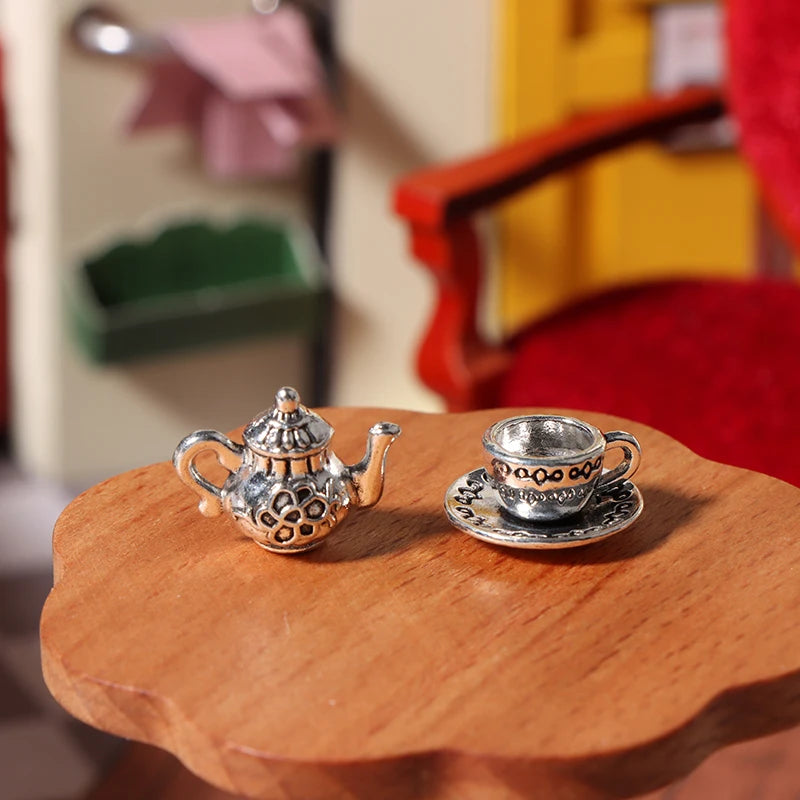 1:12 Dollhouse Miniature Metal Tea Set – Teapot Cup & Saucer Dollhouse Miniature Set QXL