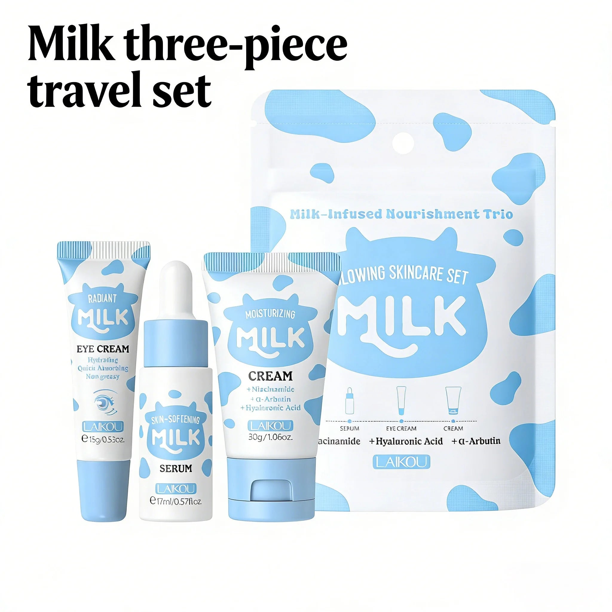 LAIKOU Milk 3-Piece Skincare Travel Set | Niacinamide & Hyaluronic Skincare Travel Set QXL