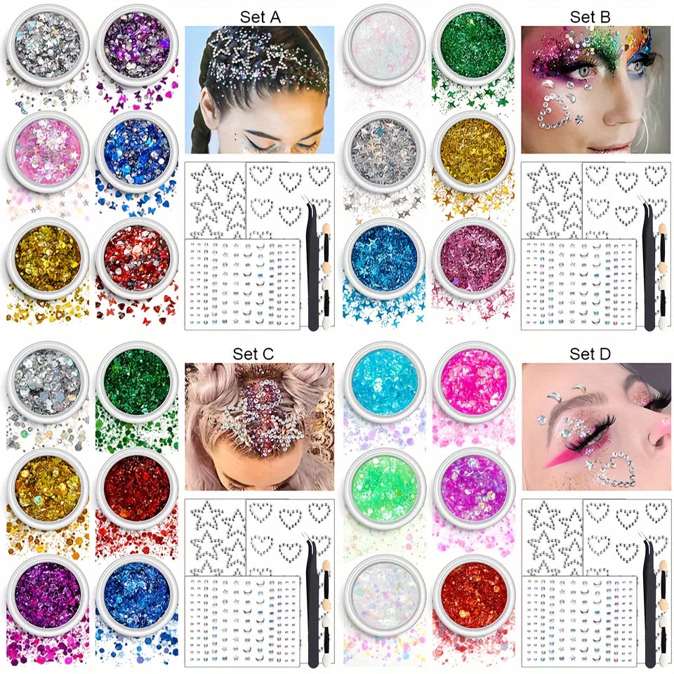 Glitter Hair Gel Set – 6 Colors, Gem Stickers & Rhinestones Glitter Hair & Body Set QXL