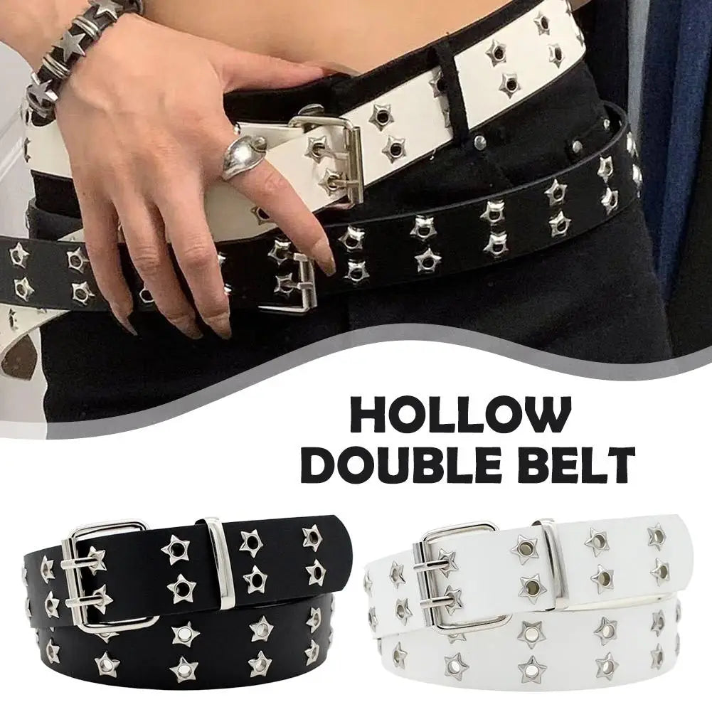 Y2K Punk Rivet PU Belt | Double Row Star Eyelet Waistband Punk Fashion Belt QXL