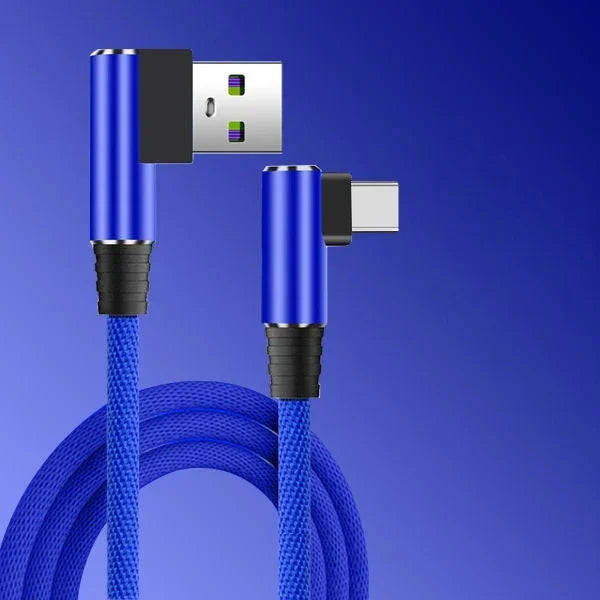 40W 90° Elbow USB-C Fast Charging Braided Cable | 5A USB-C Charging Cable QXL Blue 1m