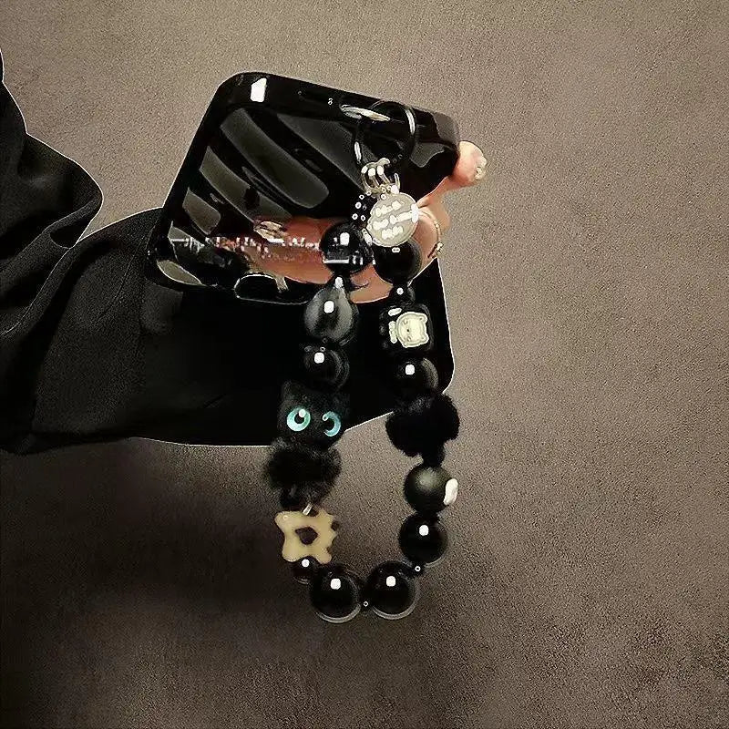 Black Fluffy Cat Phone Strap | Beaded Wrist Chain & Bag Charm Phone Wrist Strap QXL