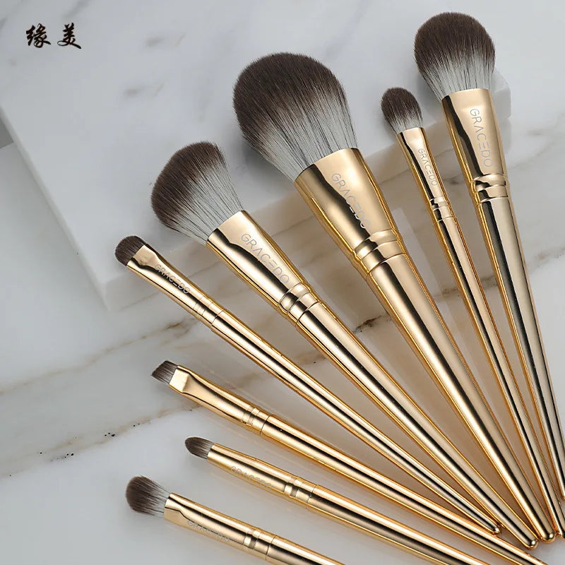 8-Pc Golden Makeup Brush Set | Soft Nylon Bristles & PU Bag Makeup Brush Set QXL