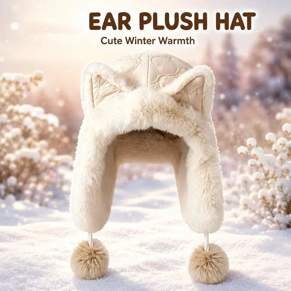Women's Fleece Cat Ear Winter Hat with Earflaps & Pom-Poms Winter Earflap Hat QXL