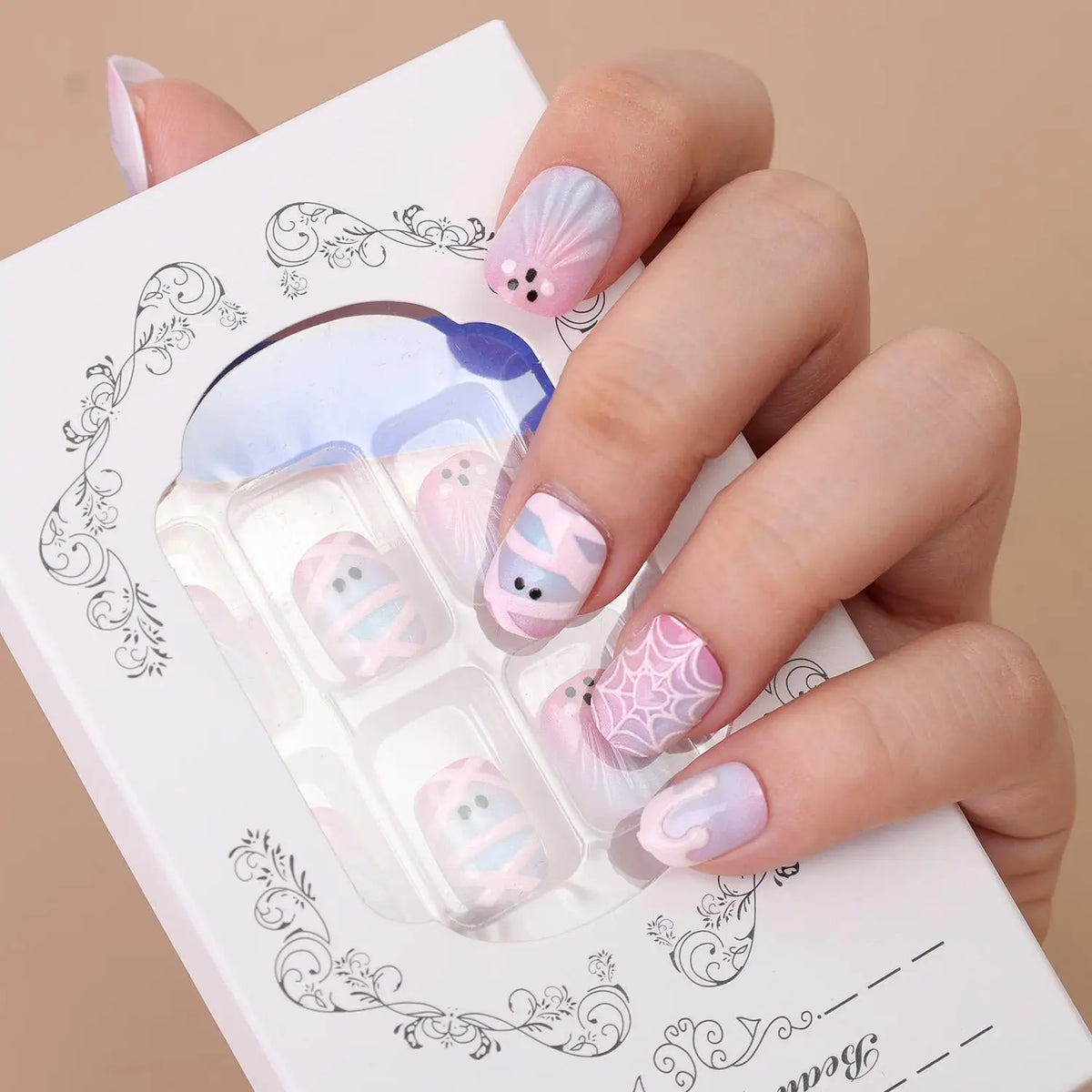 24-Pc Halloween Press-On Nails | Ghost Cat-Eye Spider Web Press-On Nail Set QXL