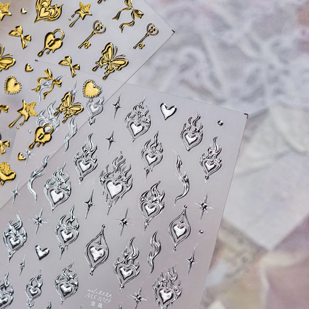 5D Silver Nail Stickers – Flame, Star & Rivet Nail Decals Nail Art Stickers QXL