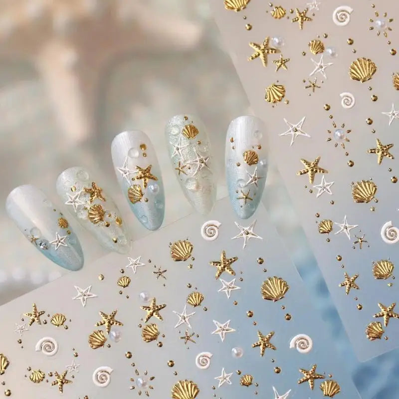 3D Gold Ocean Nail Stickers | Shell Starfish Self-Adhesive Nail Art Stickers QXL