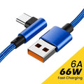 66W 6A 90° Elbow USB-C Fast Charging Cable | 5 Lengths USB-C Charging Cable QXL Blue For Type C 0.25m