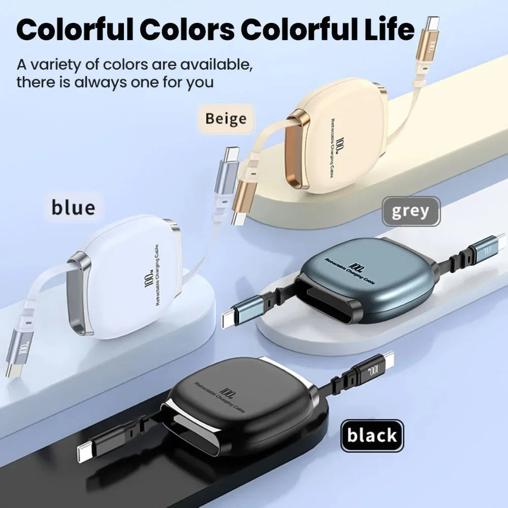100W USB-C Retractable Fast Charging Cable 1M | iPhone & Samsung USB-C Charging Cable QXL