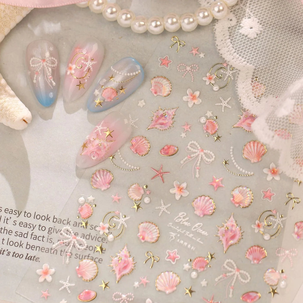 Fresh Ocean 5D Nail Stickers – Shell Starfish Pearl Decals Nail Art Stickers QXL