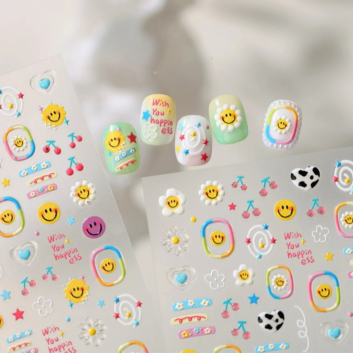 5D Nail Stickers – Smile Face, Cow Print & Daisy Decals Nail Art Stickers QXL
