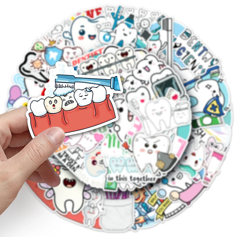 50-Pack Dental Tooth Cartoon Stickers for Kids | Clinic Reward Dental Reward Stickers QXL