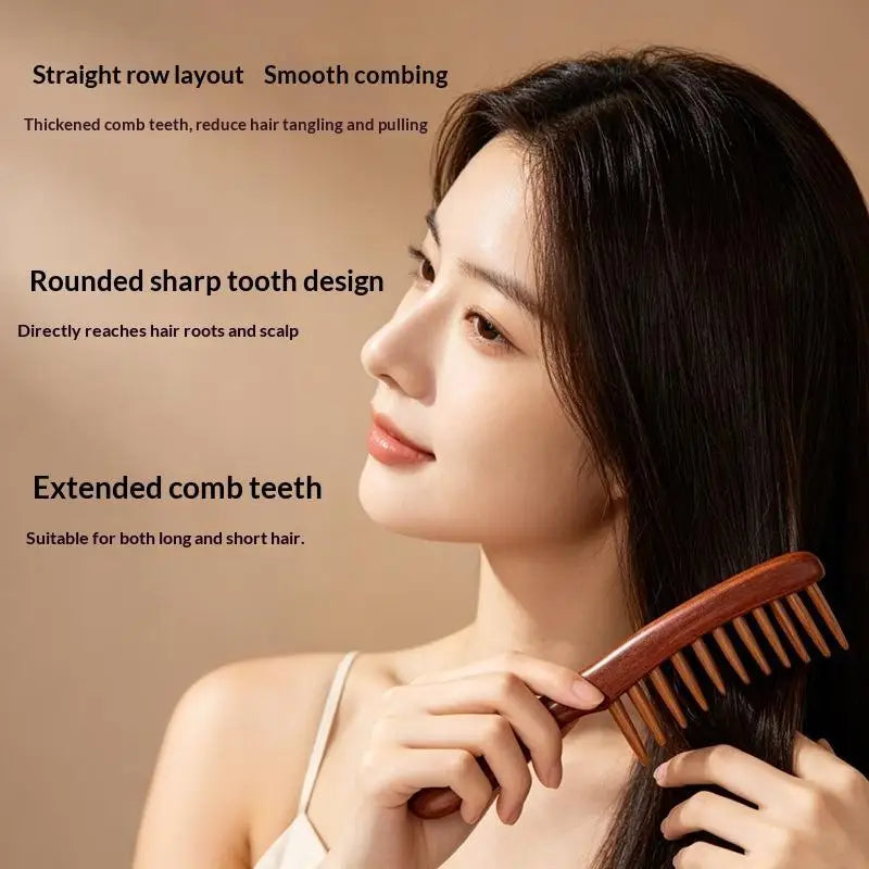 Sandalwood Wide Tooth Comb – Anti-Static Detangling & Scalp Care Wooden Hair Comb QXL