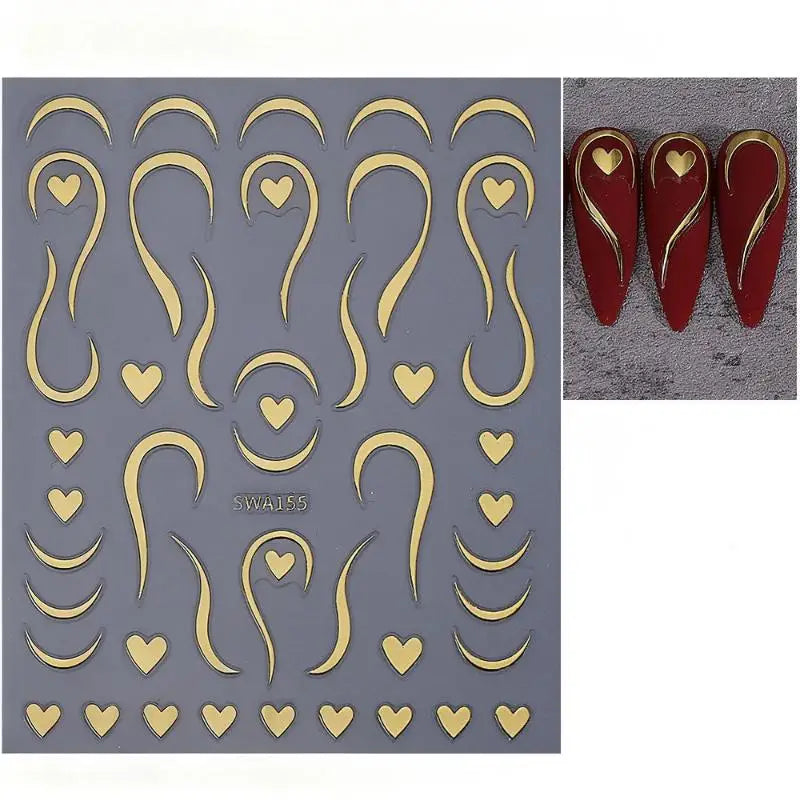 3D Gold French Line & Heart Nail Stickers | DIY Nail Decals Nail Art Stickers QXL Gold