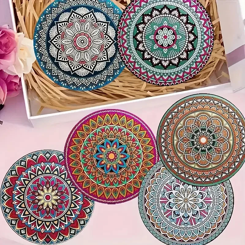 8-Piece Mandala Wooden Coasters Set | Home Bar & Decor Wooden Coaster Set QXL