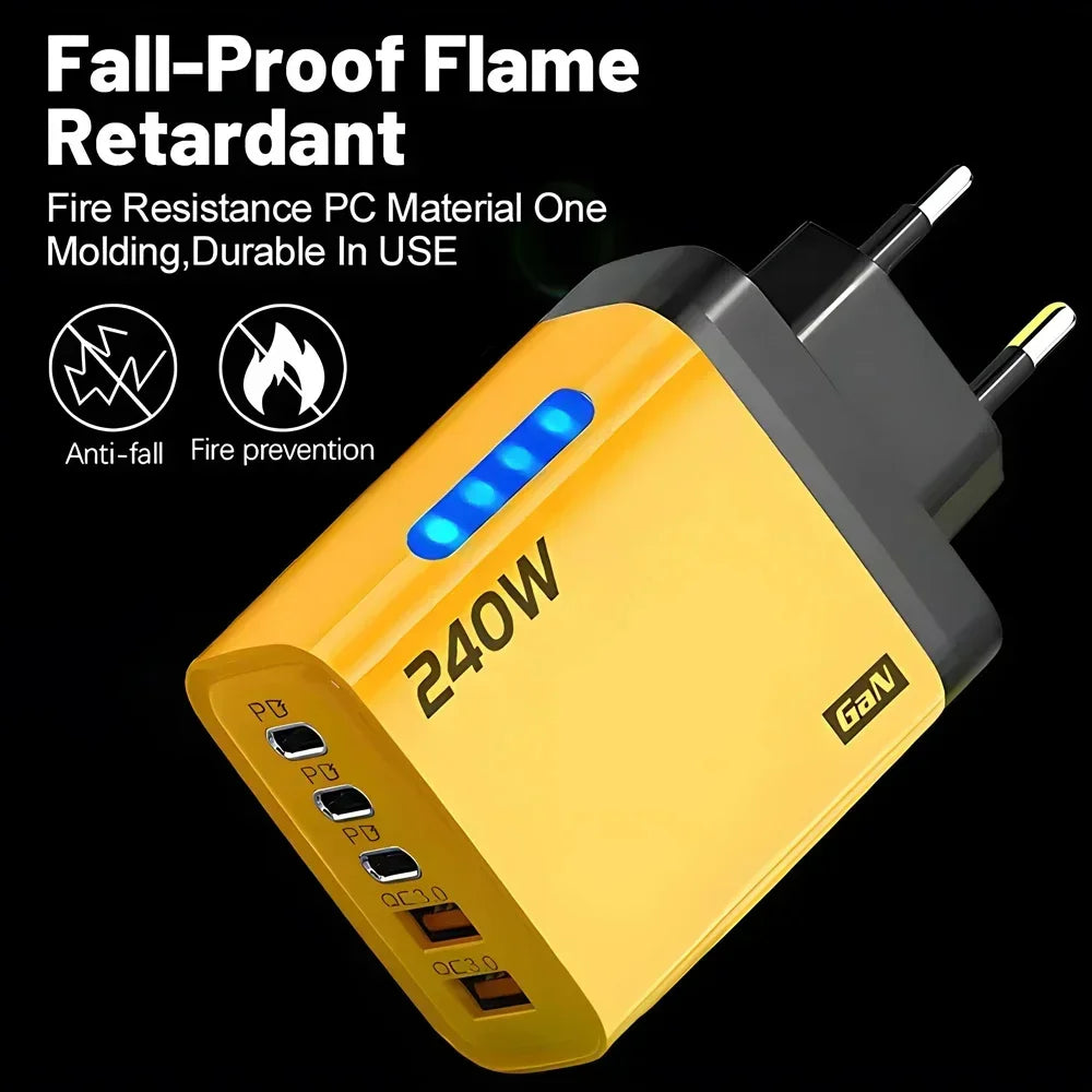 240W GaN USB-C PD Fast Charger 5-Port QC3.0 Adapter USB-C Fast Charger QXL