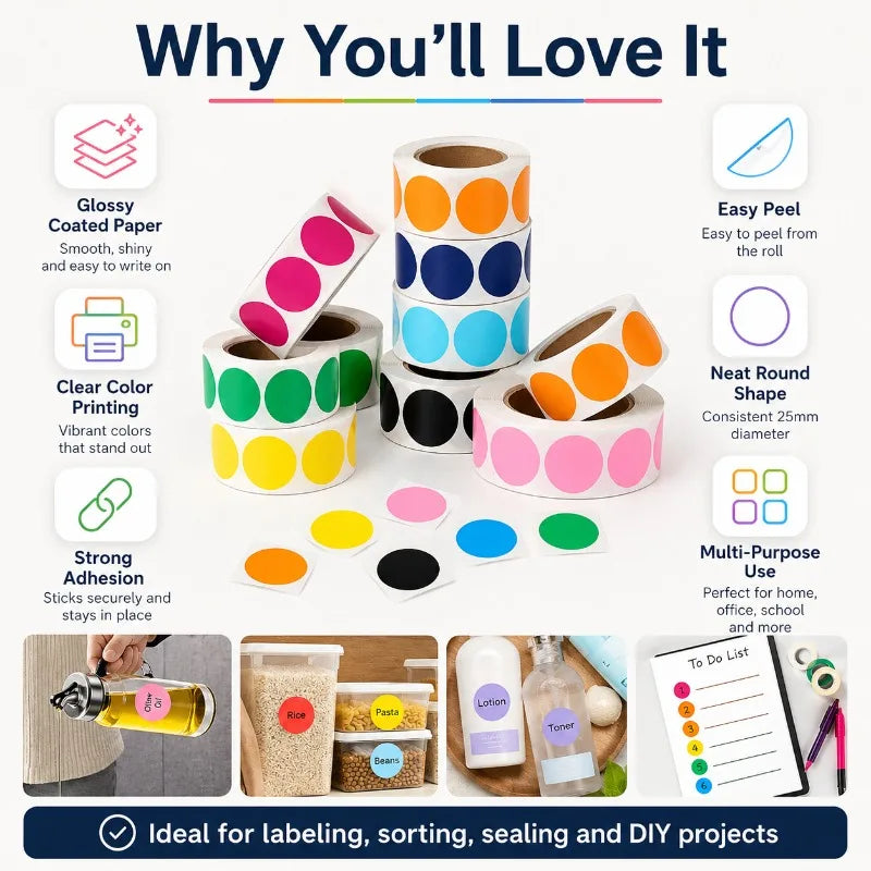 25mm Round Dot Label Stickers Roll | Color Coding & Sorting Color Coding Stickers QXL