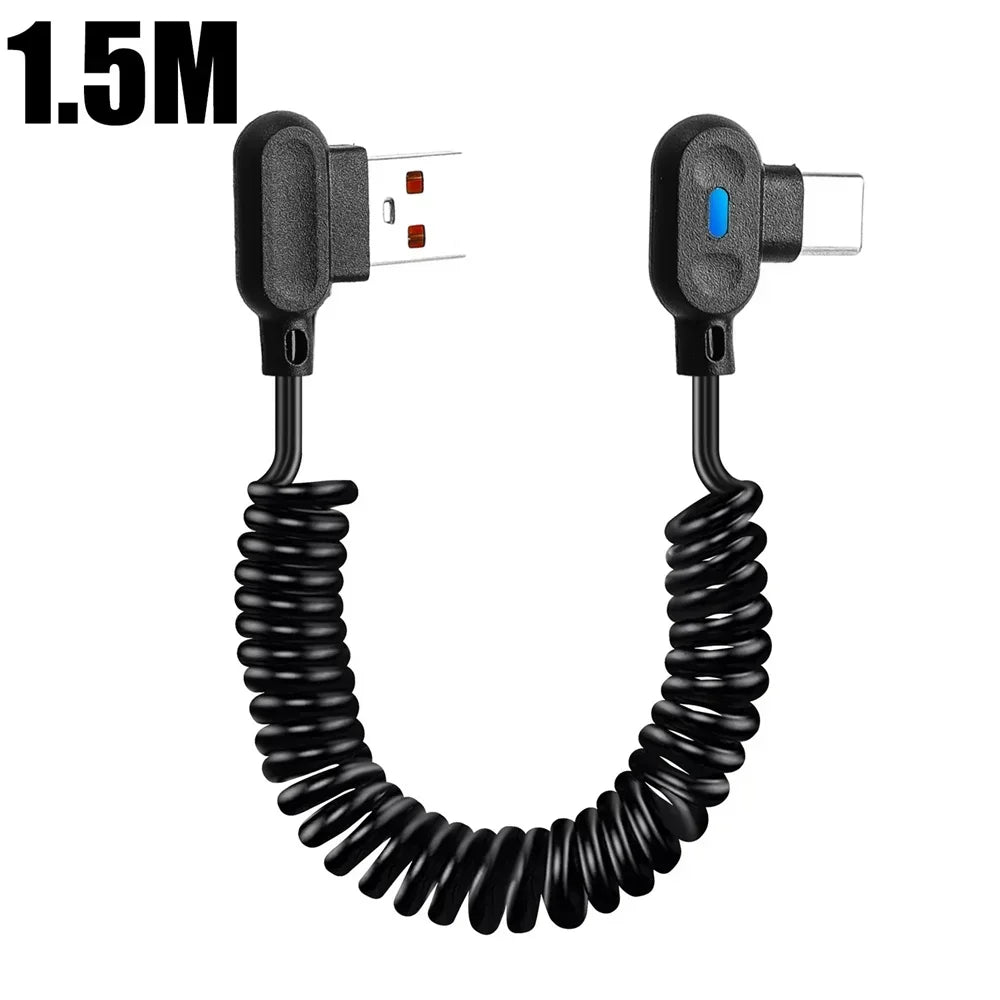 120W 6A USB-C Spring Coil Fast Charging Cable – Elbow Cord USB-C Charging Cable QXL Black 1.5m