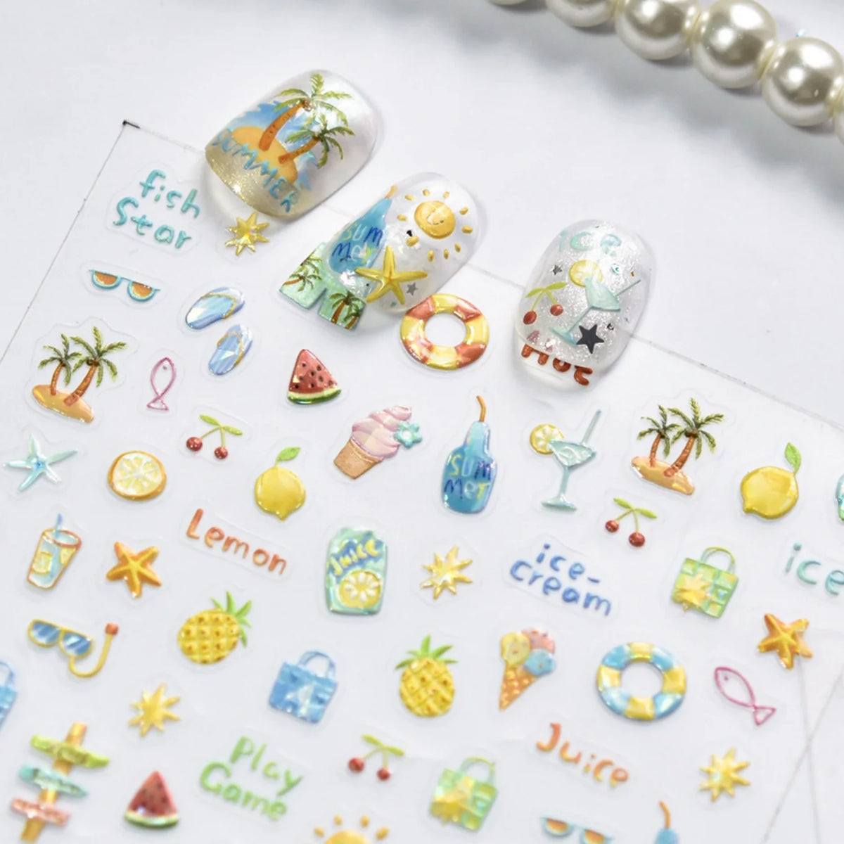 5D Summer Nail Stickers | Tropical Fruit & Beach Nail Decals Nail Art Stickers QXL