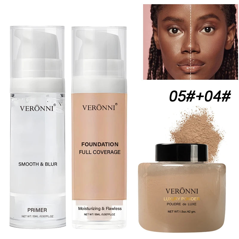 VERONNI 3-Piece Beginner Makeup Kit | Foundation, Primer & Powder Face Makeup Set QXL 3 Pcs D