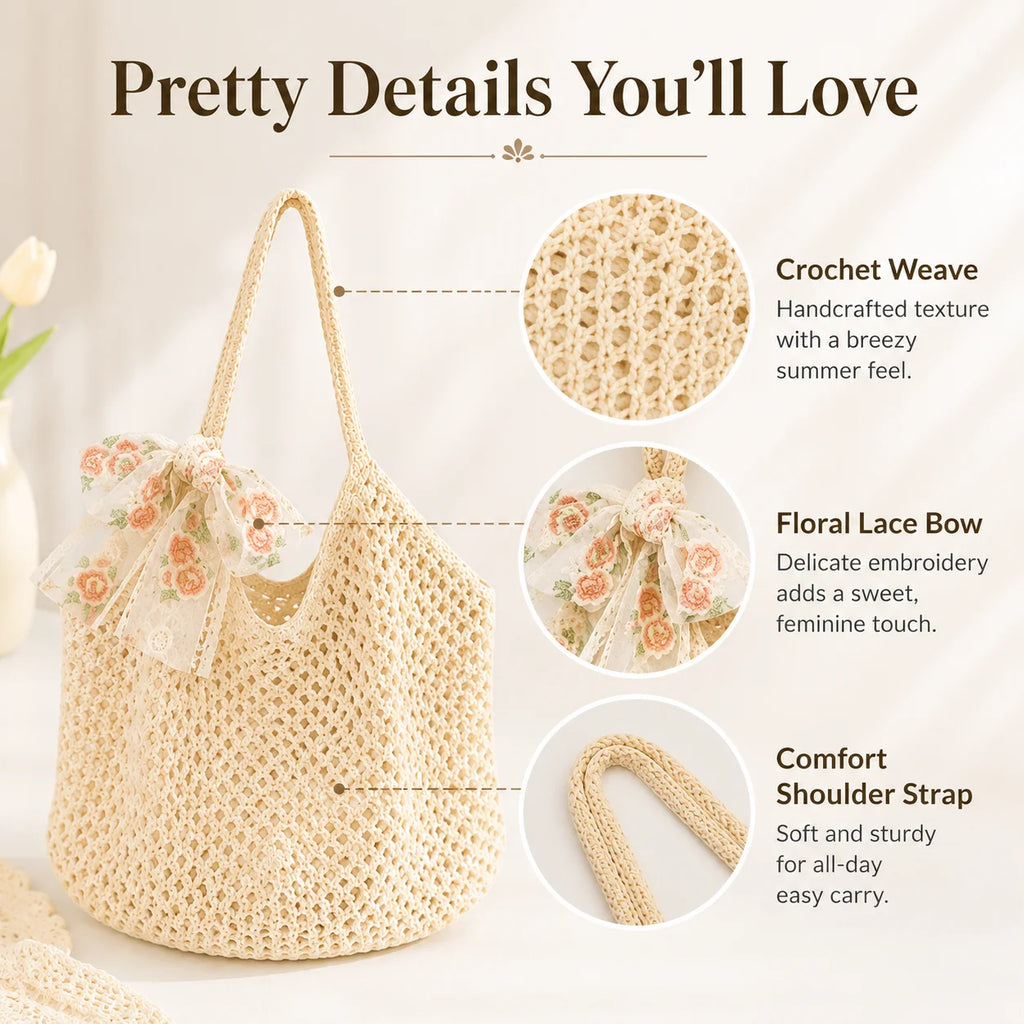 Women's Crochet Tote Bag | Lace Bow Woven Beach Shoulder Bag Crochet Shoulder Tote QXL