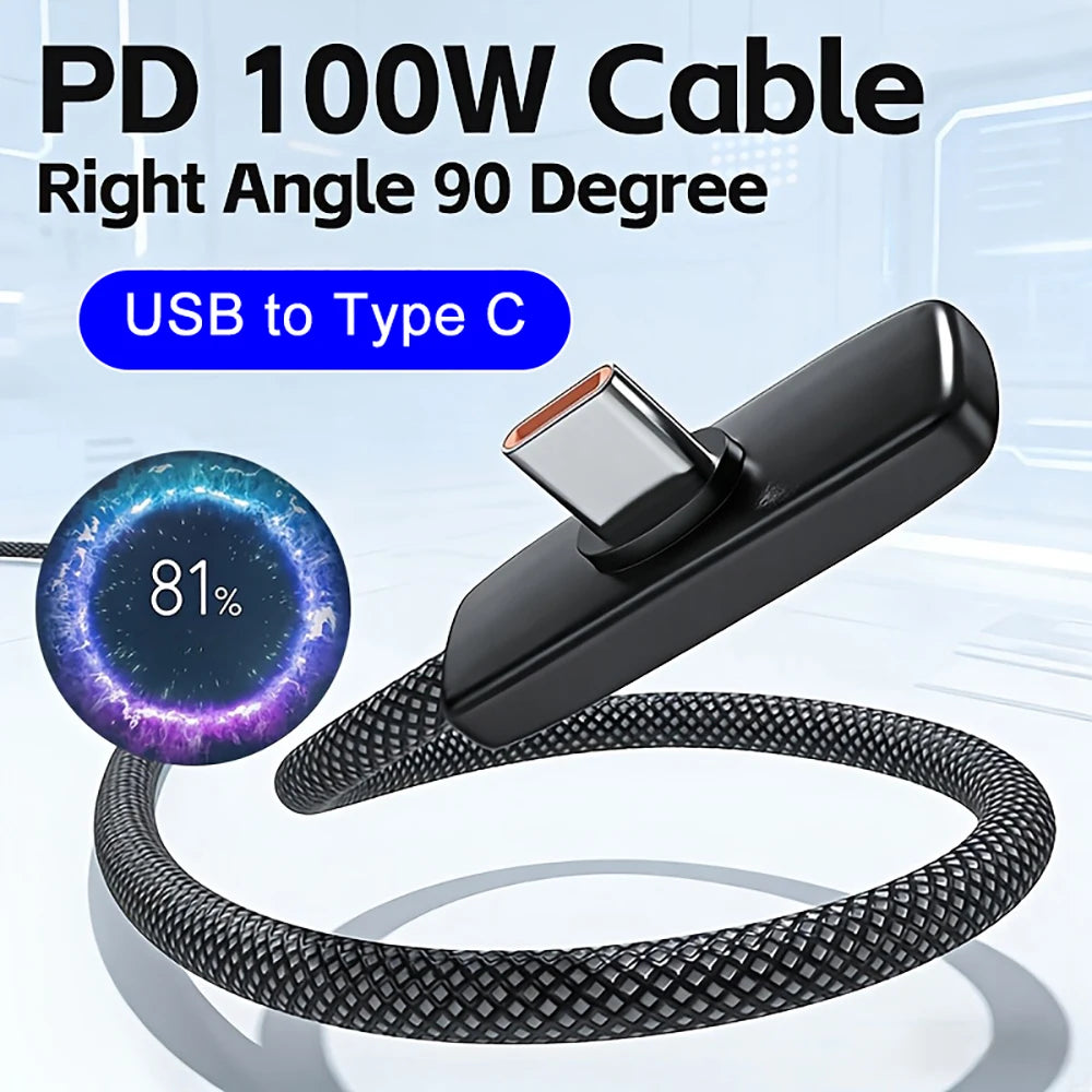 100W 6A Right-Angle USB-C Braided Fast Charging Cable USB-C Charging Cable QXL