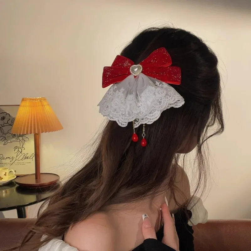 Red Lace Bow Hair Clip | Rhinestone Crystal Hairpin for Women Bow Hair Clip QXL
