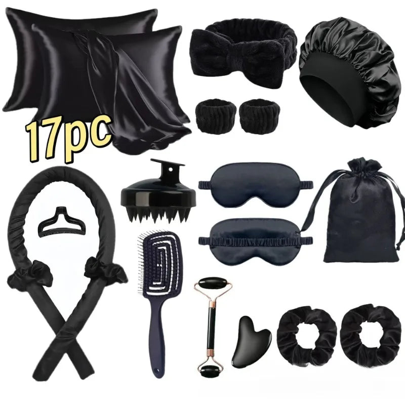 17-Pc Heatless Silk Curler Kit | Sleeping Mask & Shower Cap Heatless Curler Set QXL black