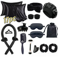 17-Pc Heatless Silk Curler Kit | Sleeping Mask & Shower Cap Heatless Curler Set QXL black