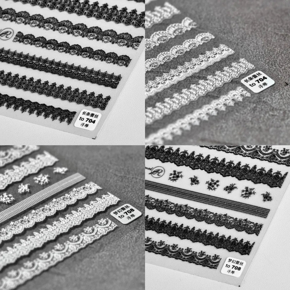 5D Kawaii Lace Nail Art Stickers | Japanese Black & White Decals Nail Art Stickers QXL