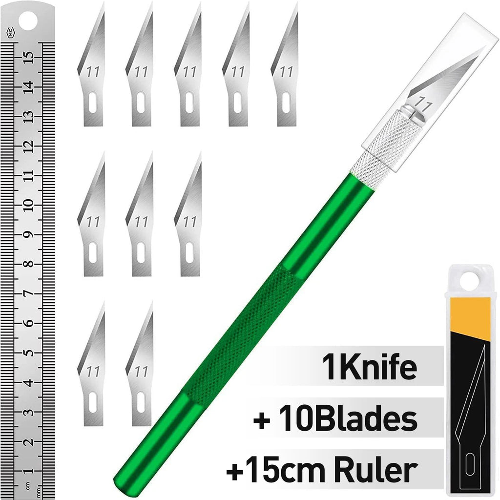 Precision Craft Knife Set | 11 Blades & 15cm Steel Ruler Craft Knife Set QXL M331 green