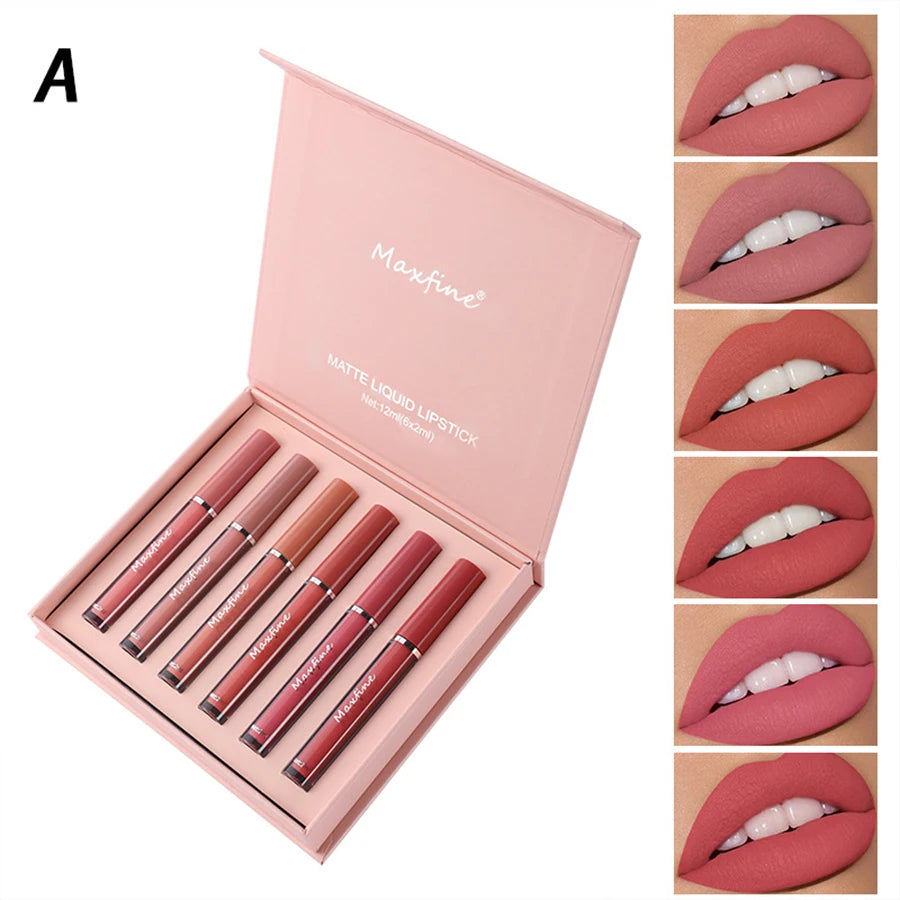 MAXFINE 6-Pc Matte Velvet Liquid Lipstick Set | Gift Box Liquid Lipstick Set QXL A