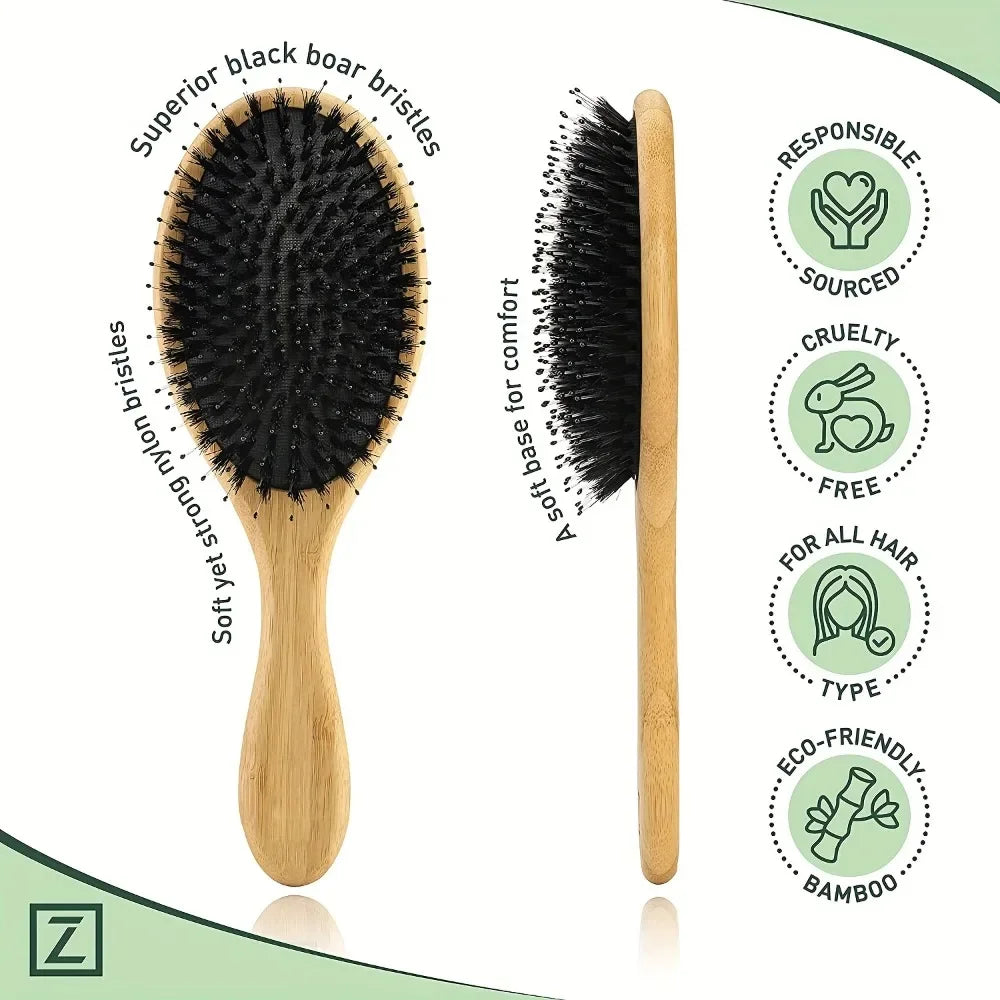 Boar Bristle Bamboo Paddle Hair Brush | Detangle & Scalp Massage Paddle Hair Brush QXL