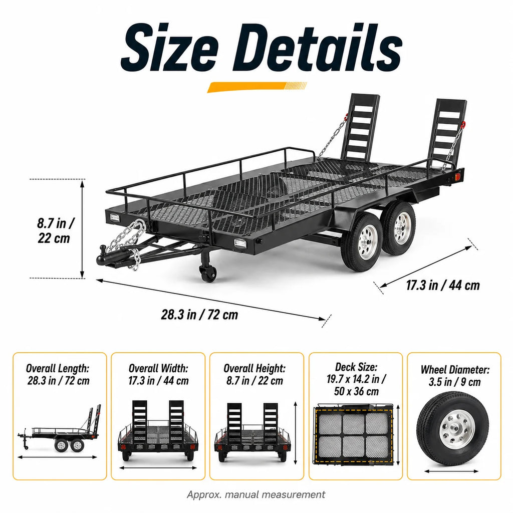 1/10 Scale Metal RC Trailer 4 Tires | SCX10 TRX4 RC4WD D90 RC Trailer Accessory QXL