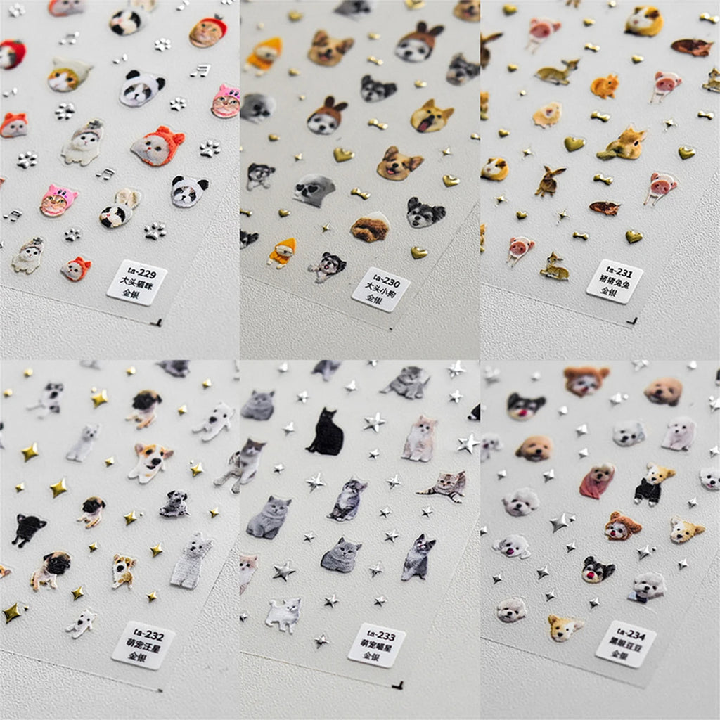 5D Kawaii Cat & Dog Nail Stickers | Embossed DIY Decals Nail Art Stickers QXL