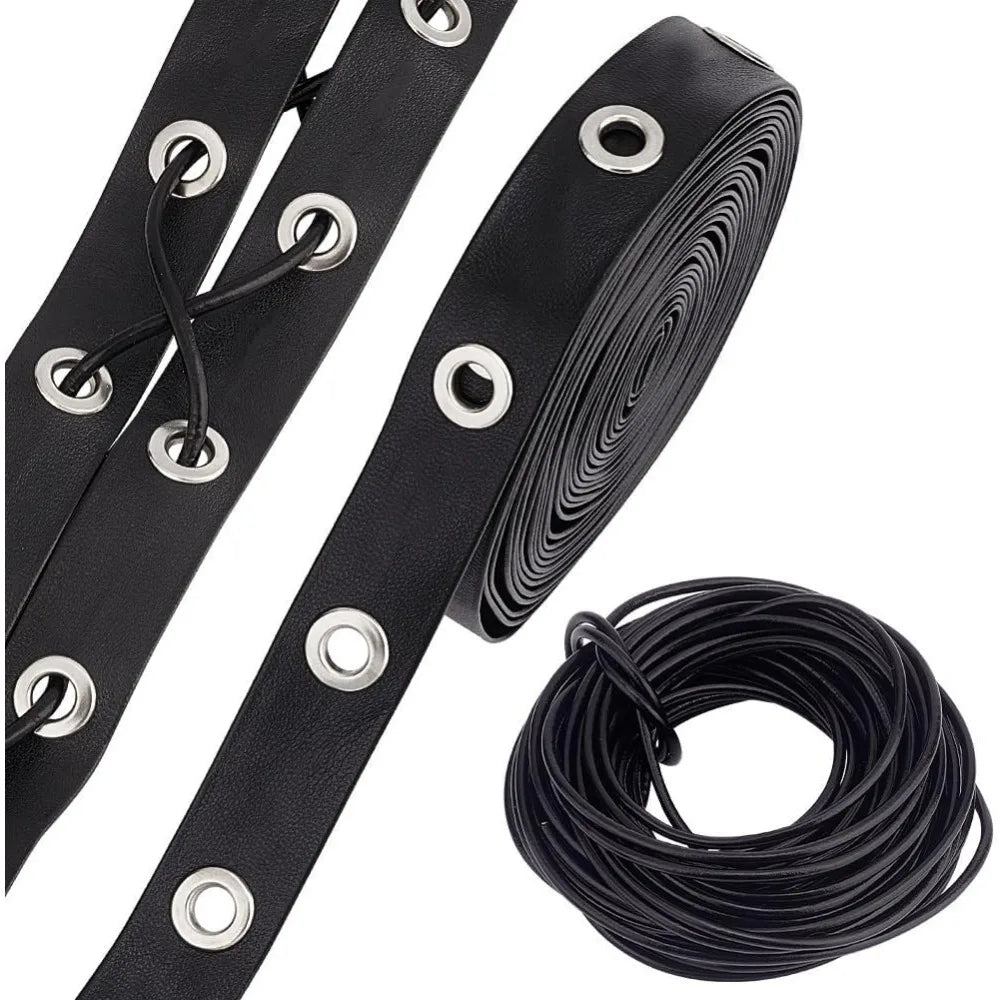 Black Leather Eyelet Grommet Tape 5 Yds + 10.9 Yd Cord Kit Eyelet Grommet Trim QXL