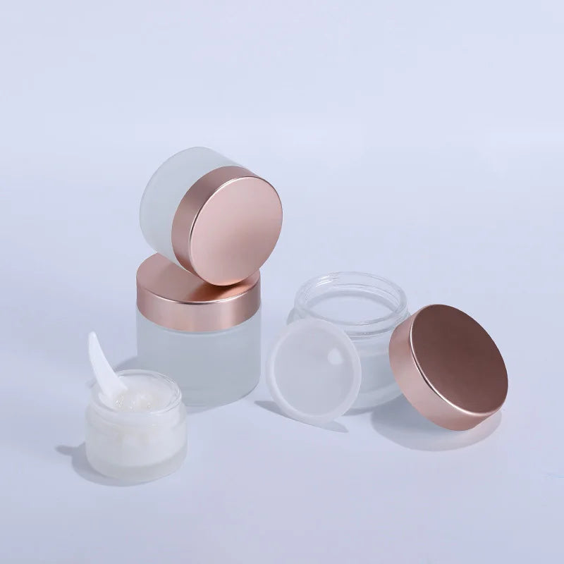 10-Pack Frosted Glass Cream Jars with Rose Gold Lids | 5–100g Cosmetic Glass Jars QXL
