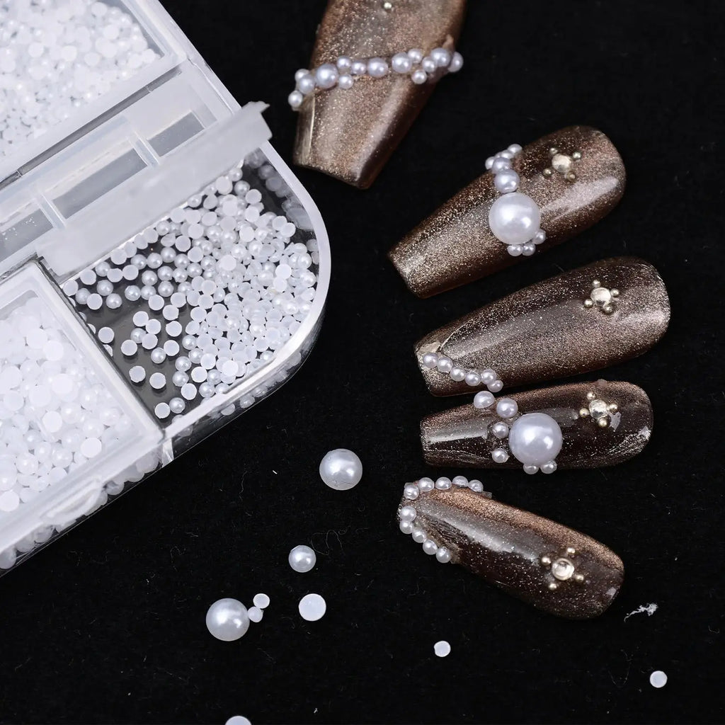 12-Grid Mixed White Pearl Nail Charms | Flatback Bead Set Nail Art Pearls QXL