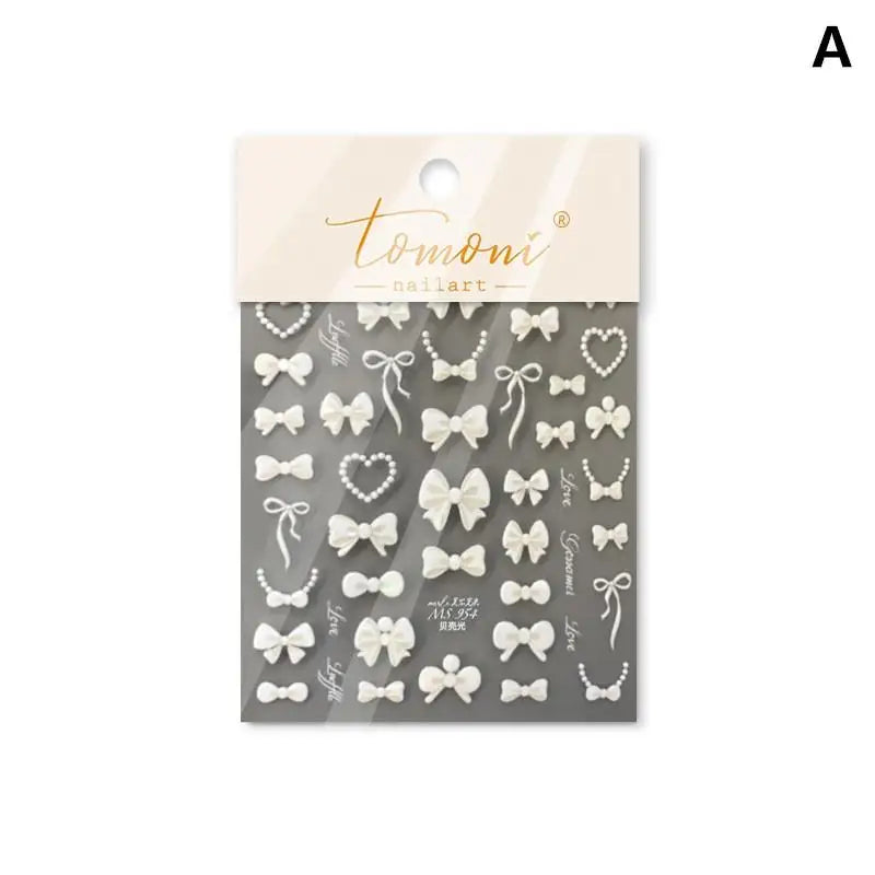 3D Heart Pearl Bow Ribbon Nail Stickers | Self-Adhesive DIY Nail Art Stickers QXL A