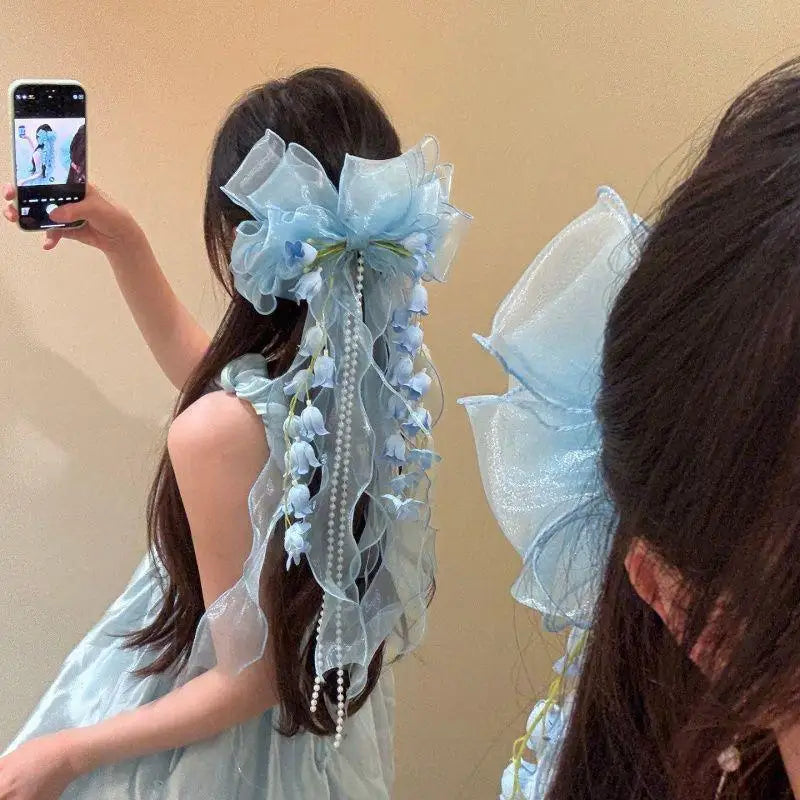 Mesh Bow Flower Tassel Hair Clip | Bridal & Party Gift Bridal Hair Clip QXL