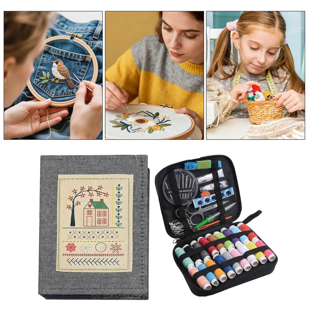 Embroidery Stitches Book Kit | Hoop, Threads & Needle Tools Embroidery Craft Kit QXL
