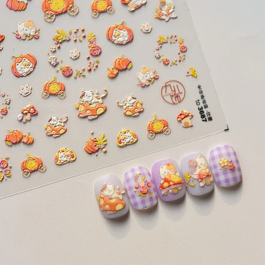 5D Kawaii Nail Stickers – Mushroom Cat & Animal Decals Nail Art Stickers QXL
