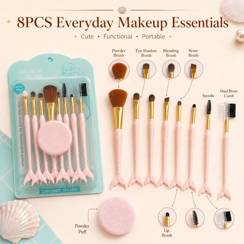 8-Pc Mini Mermaid Tail Makeup Brush Set with Powder Puff Makeup Brush Set QXL