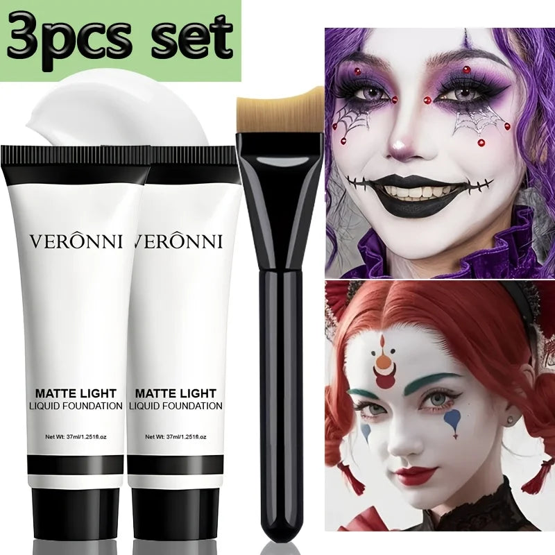 Matte White Liquid Foundation 3-Pc Set + Brush | Halloween SFX Face & Body Foundation QXL 3pcs