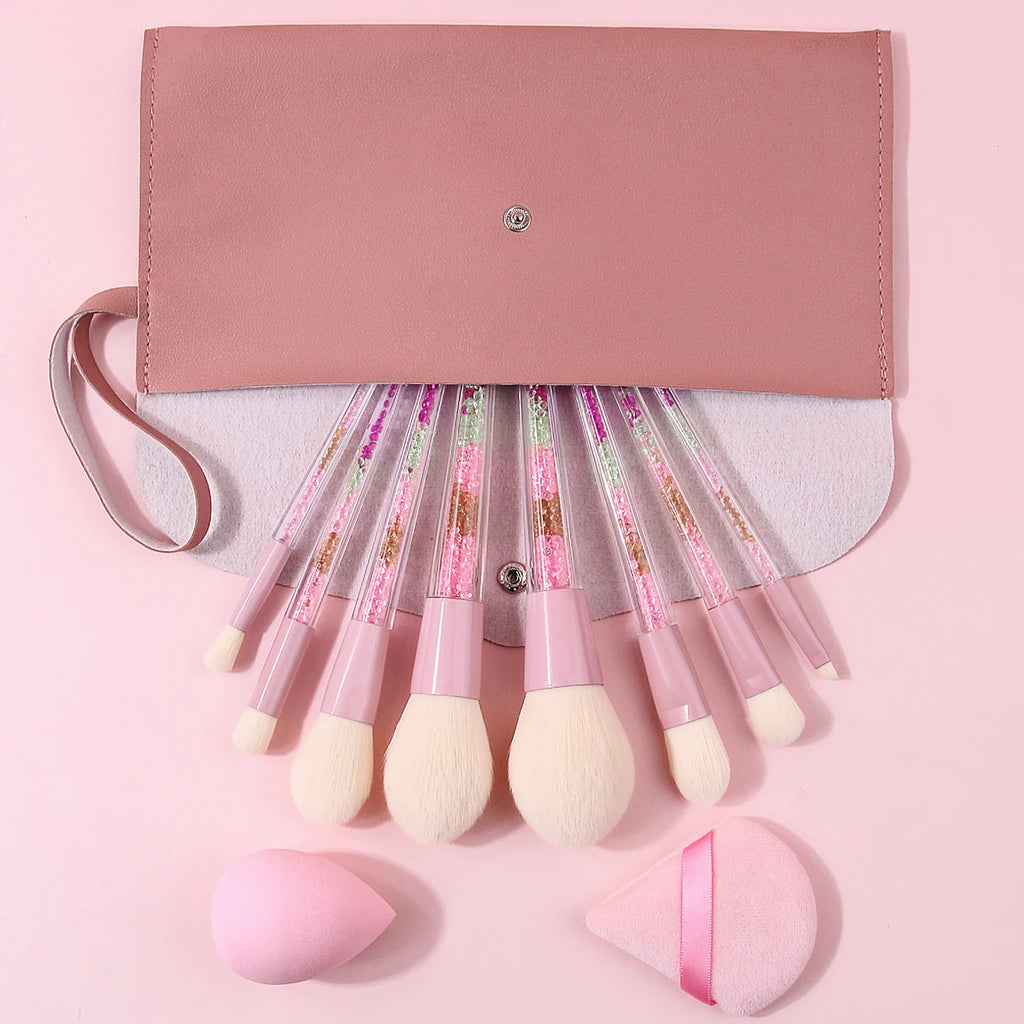 11-Pc Pink Glitter Makeup Brush Set | Crystal Handle & Bag Makeup Brush Set QXL