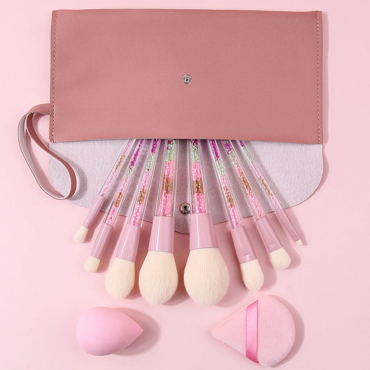 11-Pc Pink Glitter Makeup Brush Set | Crystal Handle & Bag Makeup Brush Set QXL