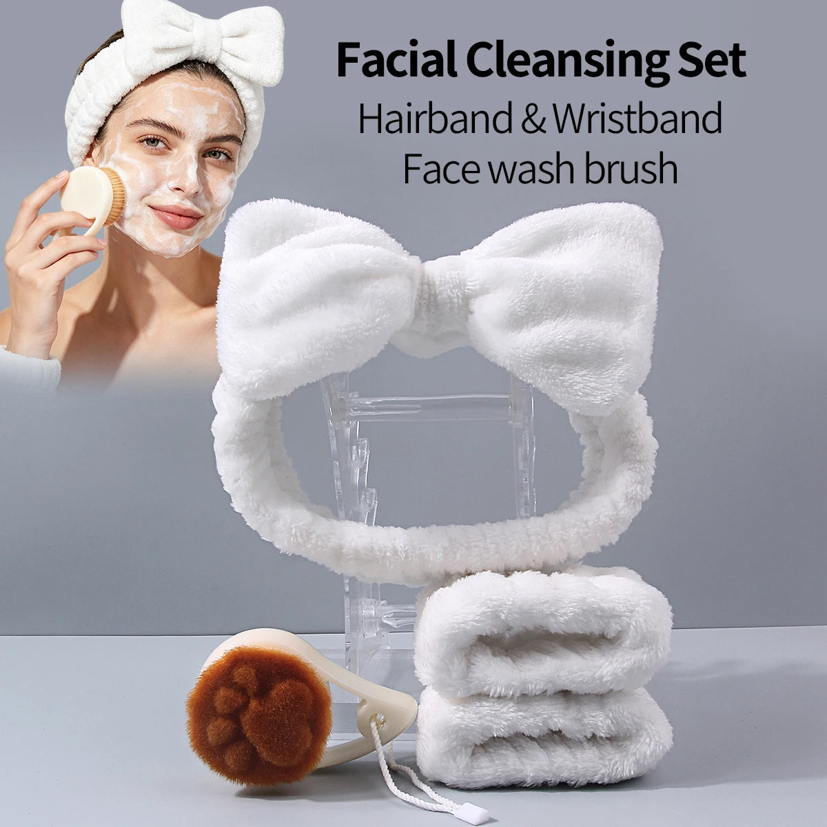 4-Pc Facial Cleansing Kit | Bow Headband, Wristbands & Brush Facial Cleansing Kit QXL Ivory