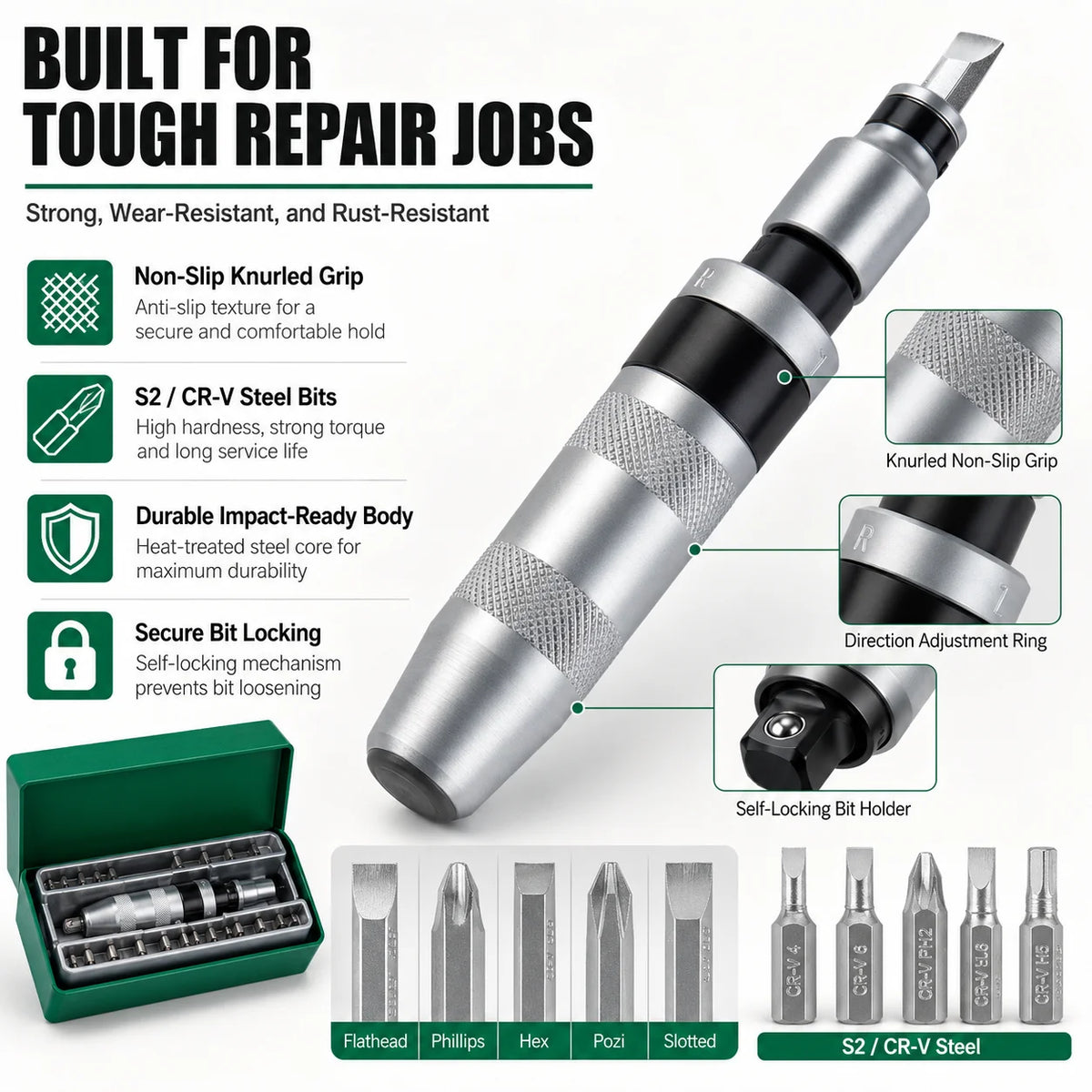13-Pc Manual Impact Driver Set | CR-V S2 Steel Screwdriver Kit Manual Impact Driver QXL